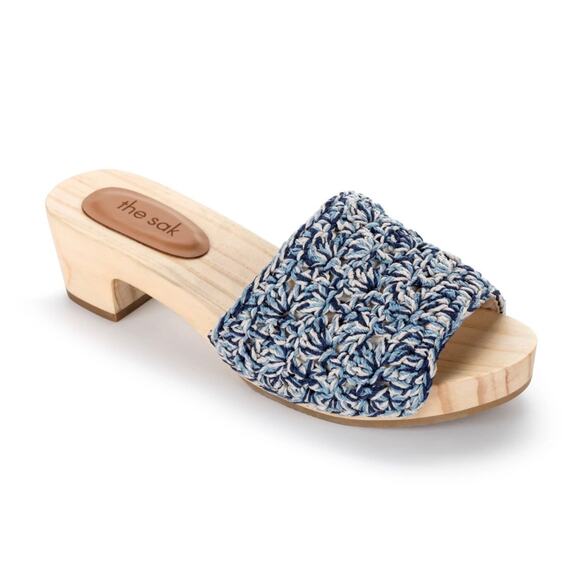 NIB The Sak Ella Hand Crochet Wooden Platform Clog Sandals 8 Blue Static Shell - Picture 3 of 10